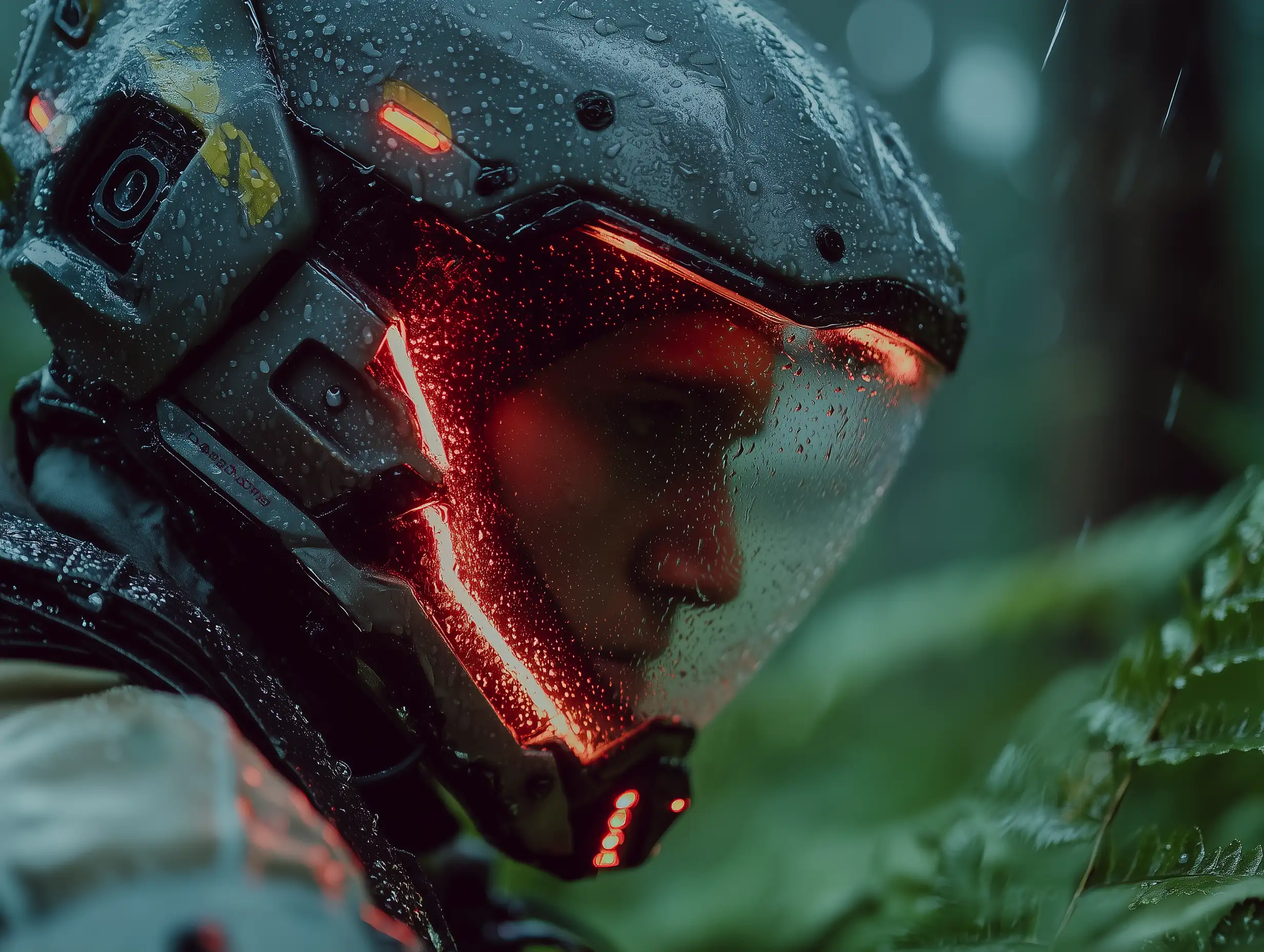 Futuristic soldier wearing glowing exosuit armor, standing in neon-lit battlefield, rain falling, cinematic reflections